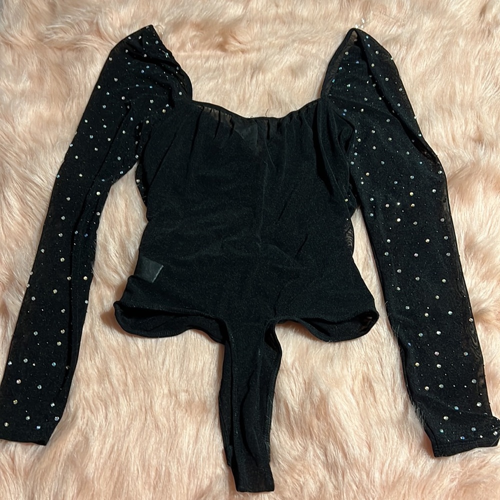 Windsor Black Long-Sleeve Rhinestone Ruched Bodysuit - Picture 5 of 7